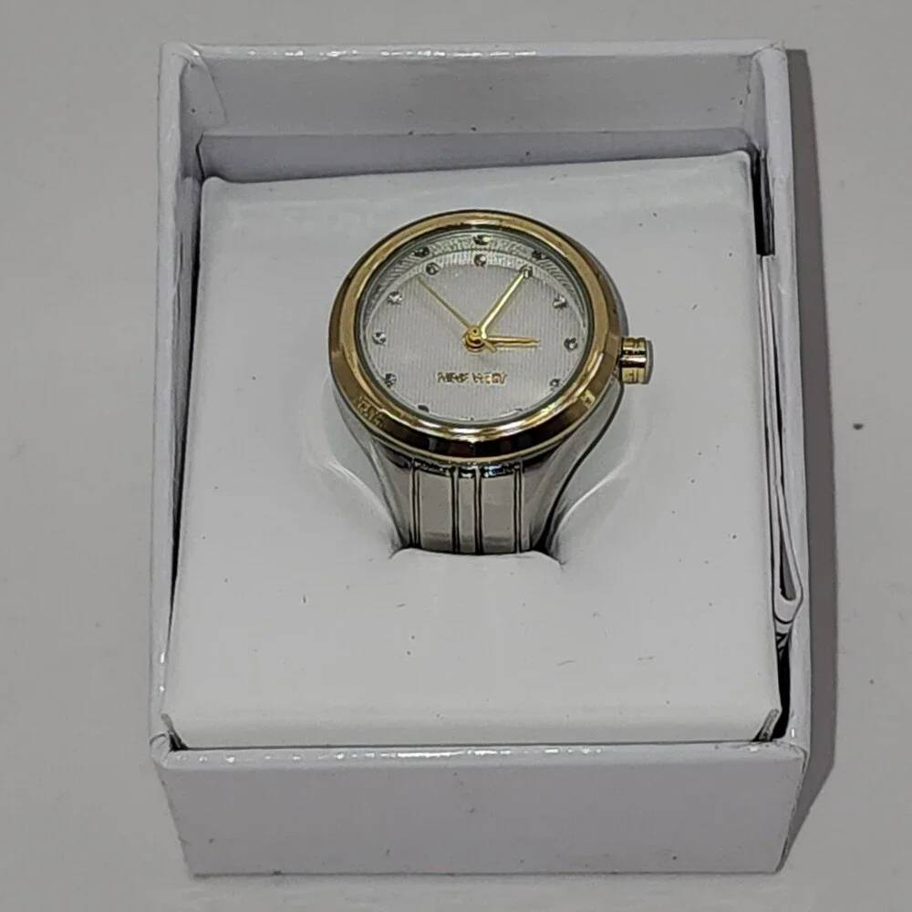 Nine West Genuine Crystal Accented Two Tone Round Face Expansion Band Ring Watch
